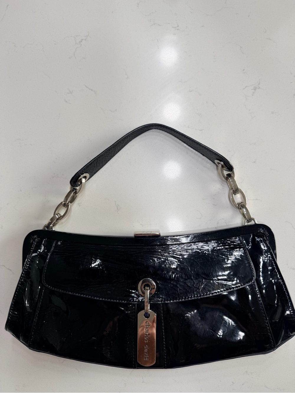 Charles David Black Patent Shoulder Bag with Silver Hardware